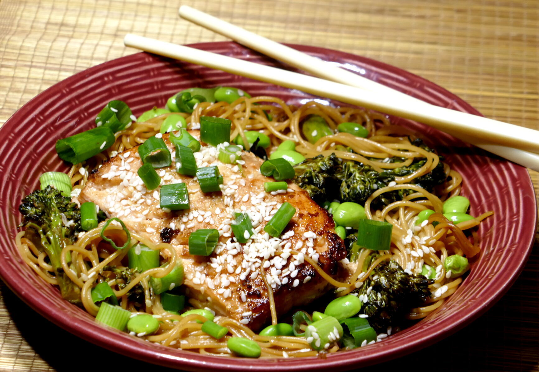 Ginger salmon with steamed noodle stir fry.